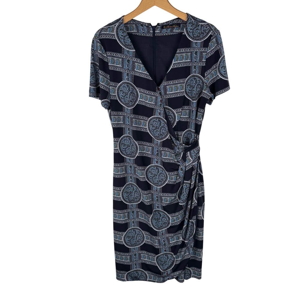 Brooks Brothers Geometric Medallion Faux Wrap Sheath Dress Womens Large Blue